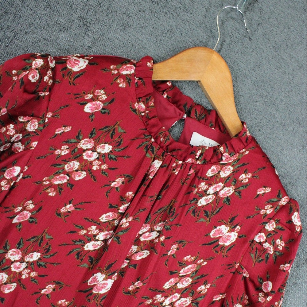 WAYF Burgundy Floral Ruffle Neck Long Sleeve Blouse Rose Print Red Small